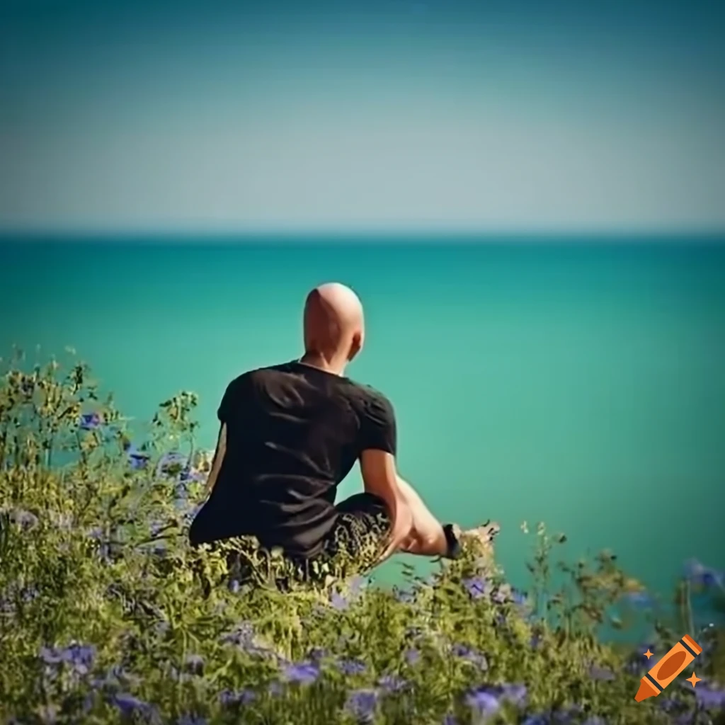 man sitting among wild flowers and gazing at the sea