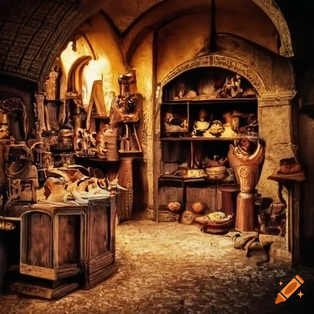 intricate details of a medieval shop with goods on display