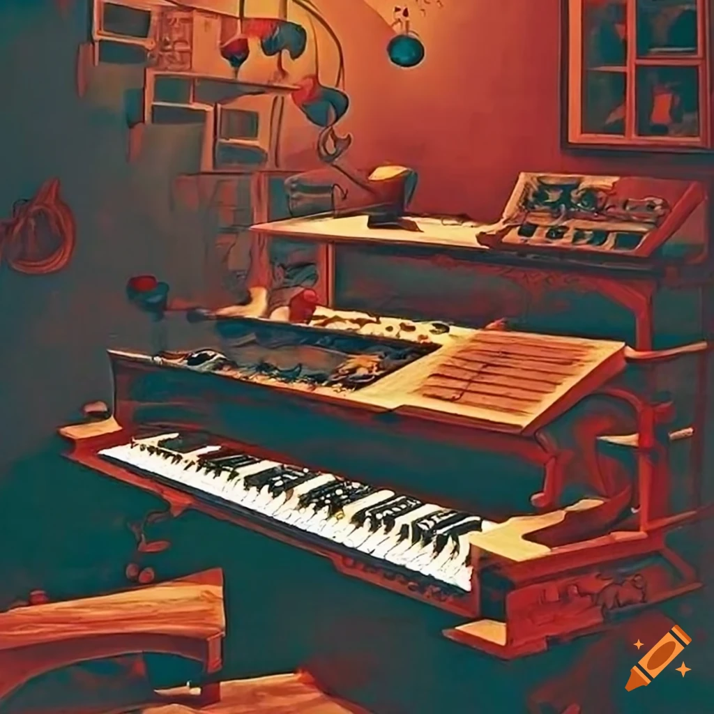 colorful MC Escher-style music studio