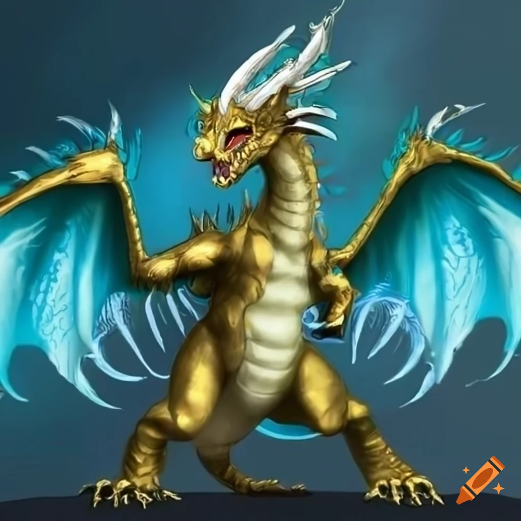 art of a gold dragon with light-blue wings and ivory horns