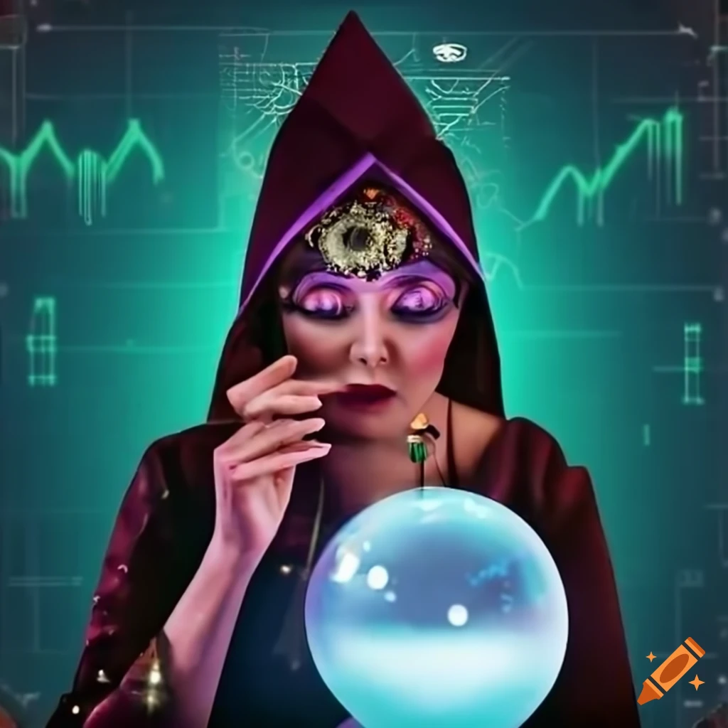 fortune teller with crystal ball in front of stock market