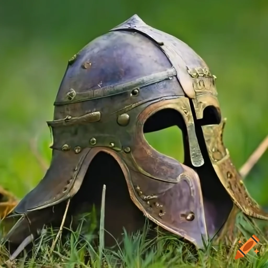 ancient helmet resting in the grass
