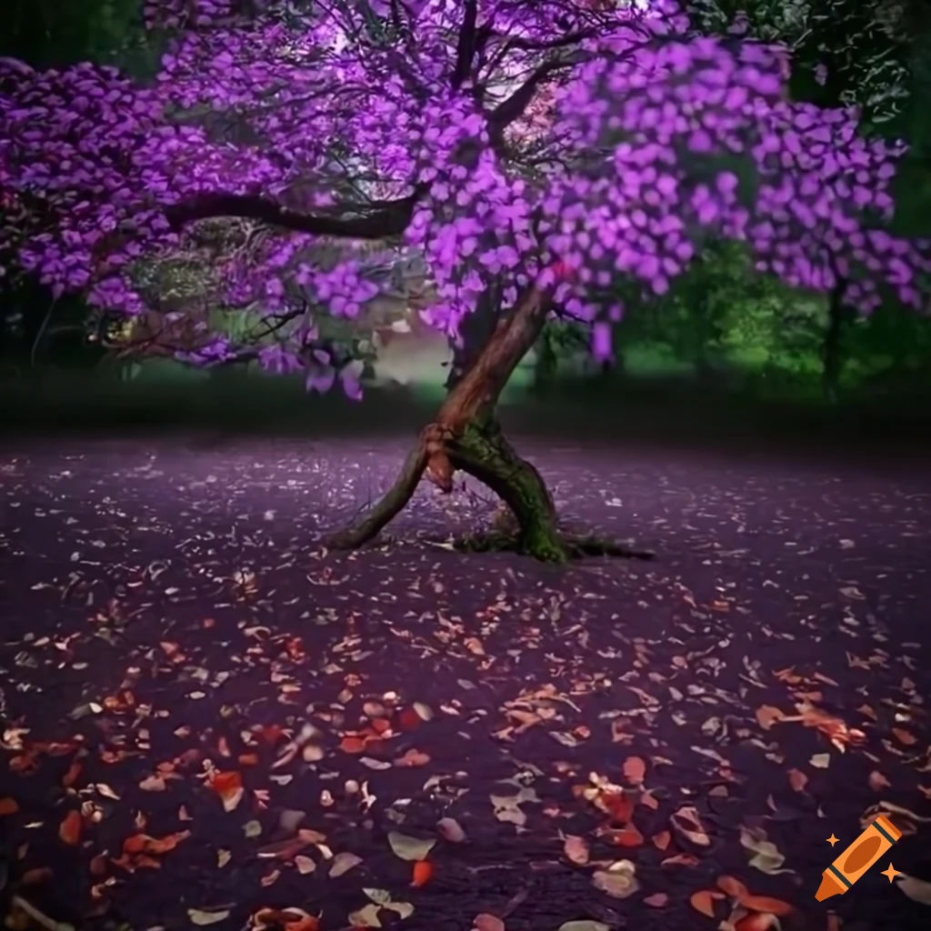 artwork of a purple tree with colorful fruits in a gloomy forest