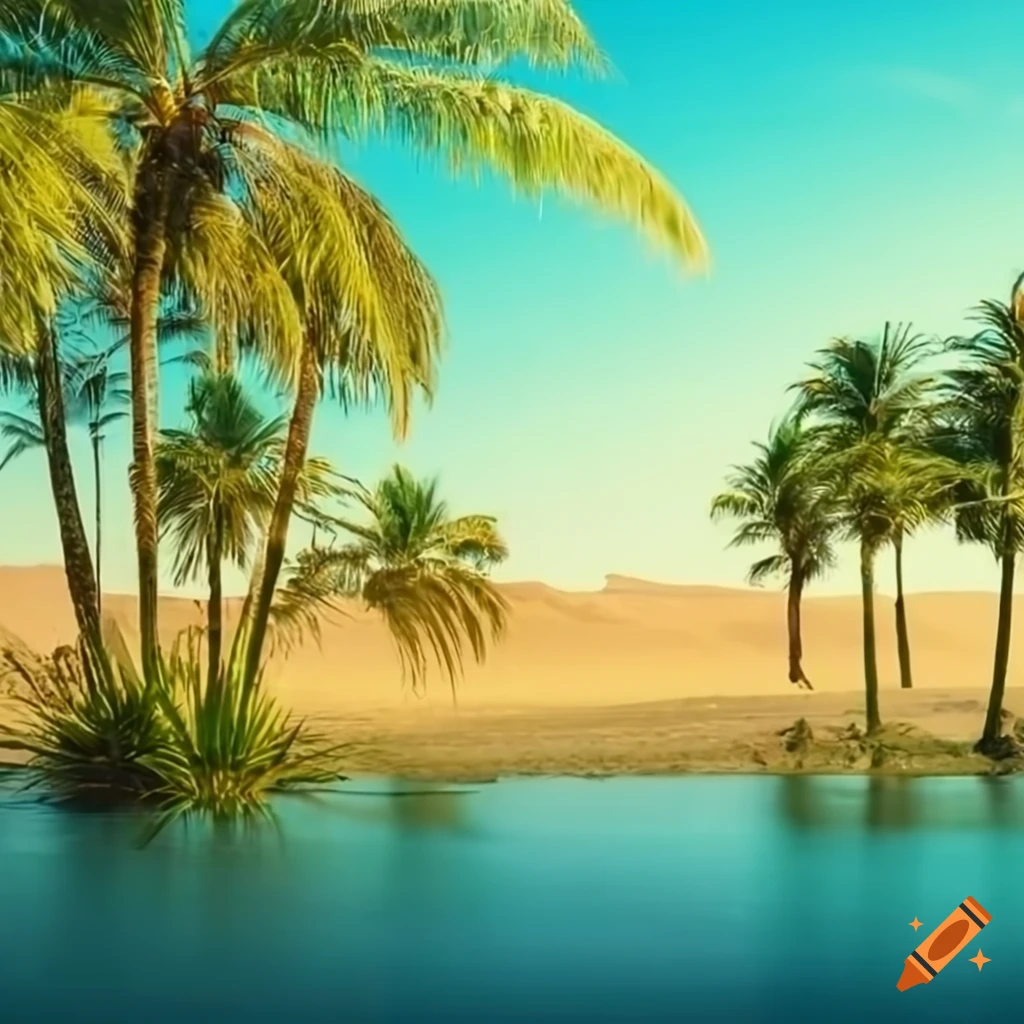lush oasis with palm trees and desert in the background
