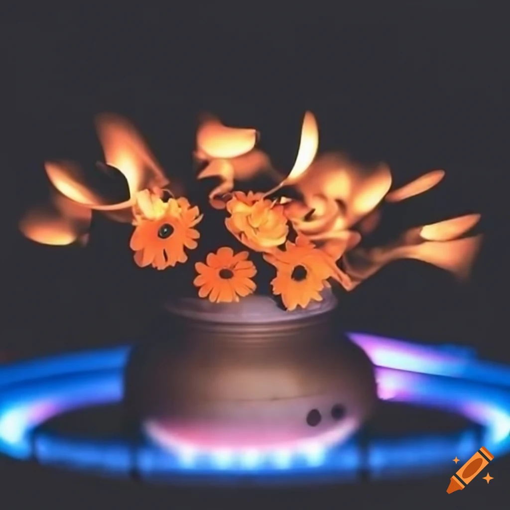 flowers in a pot on a gas stove