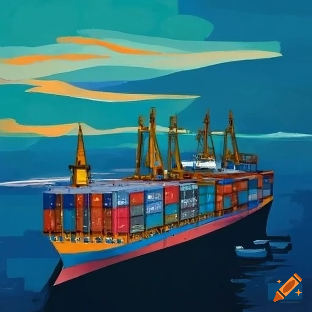 cubist painting of cranes loading containers in a port