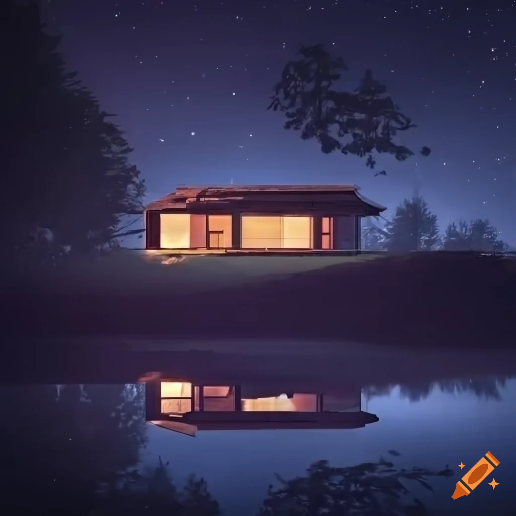 night view of a modern house surrounded by forest and cosmos