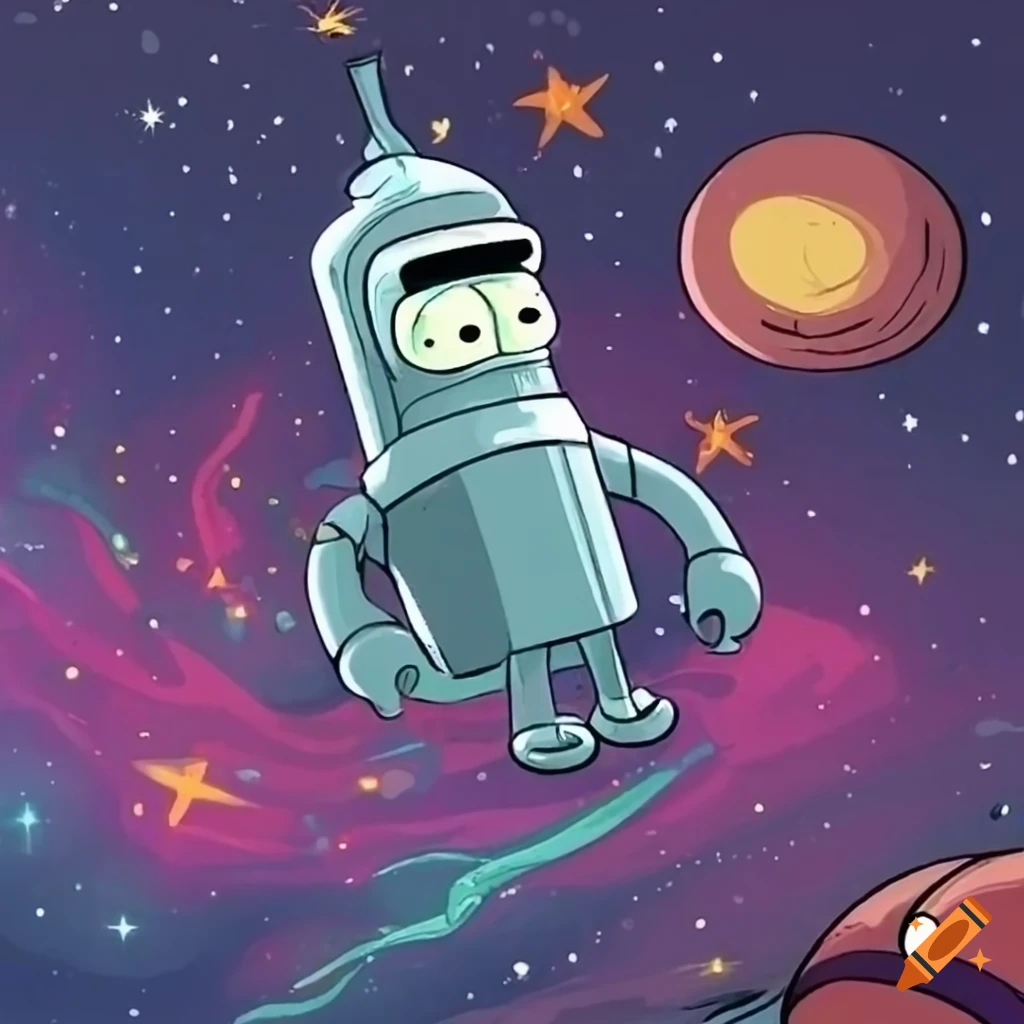 colorful cartoon art of Futurama characters in space