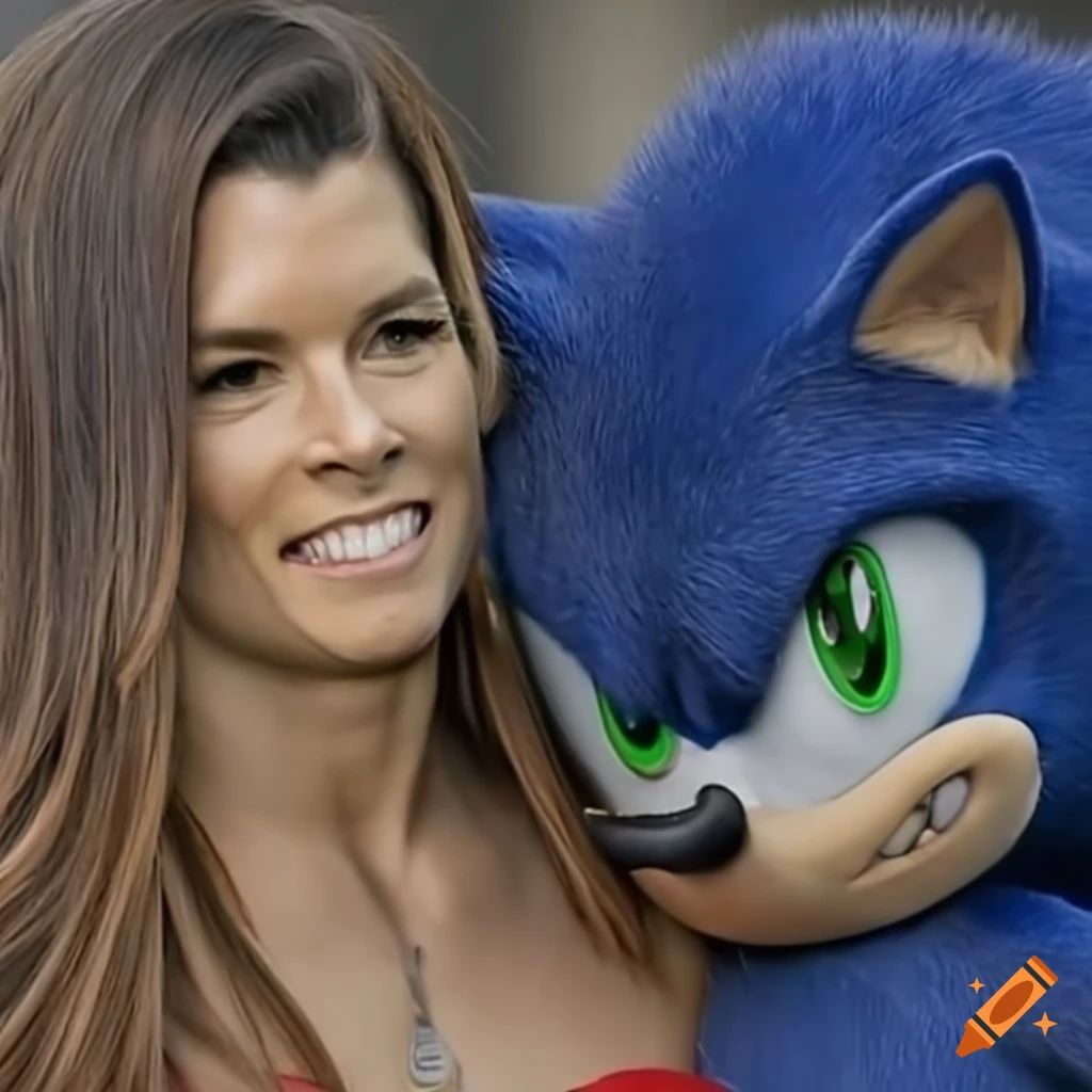 Danica Patrick hugging Sonic the Hedgehog live-action movie