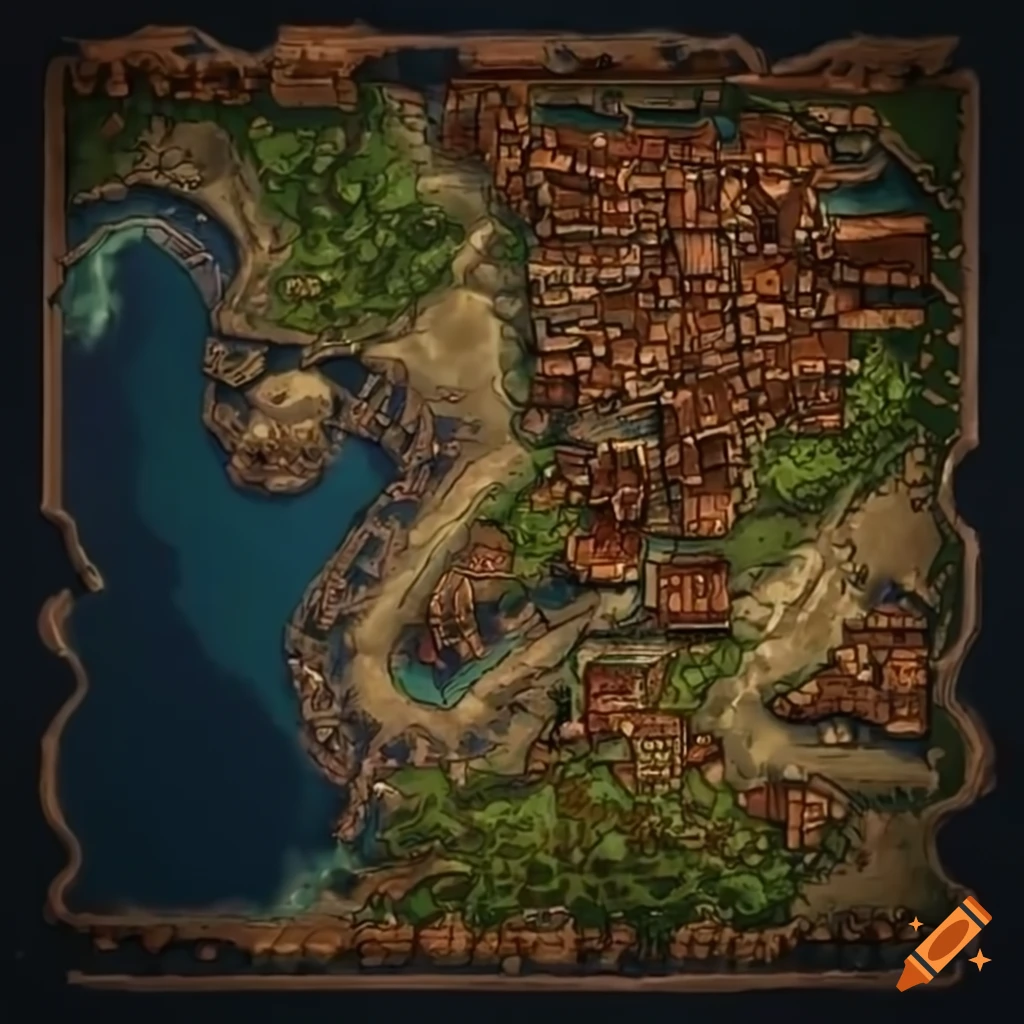 coastline city map with river for Dungeons and Dragons
