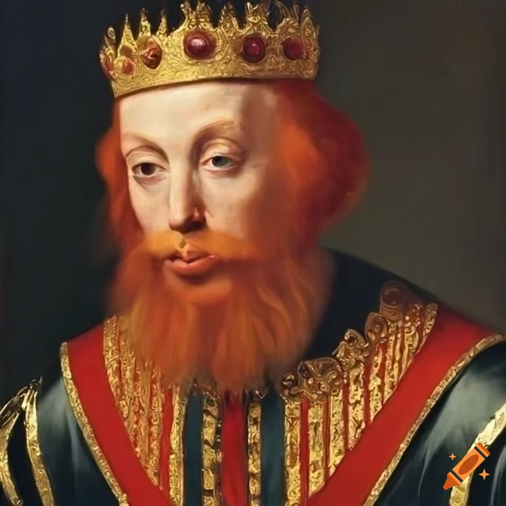 oil painting of a red-haired king in crown and gold robes