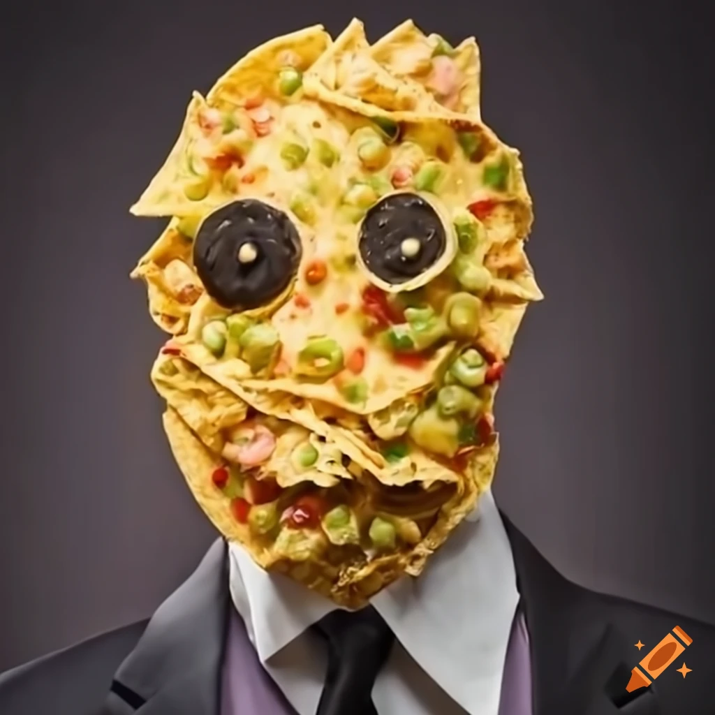Artistic depiction of a man with a nacho head in a business suit