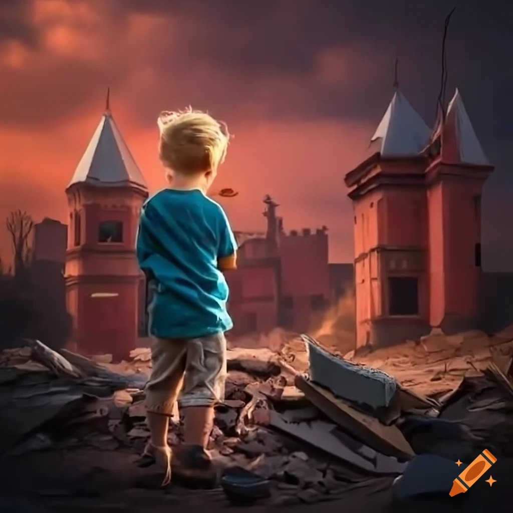 urban landscape with a young boy in poor clothing