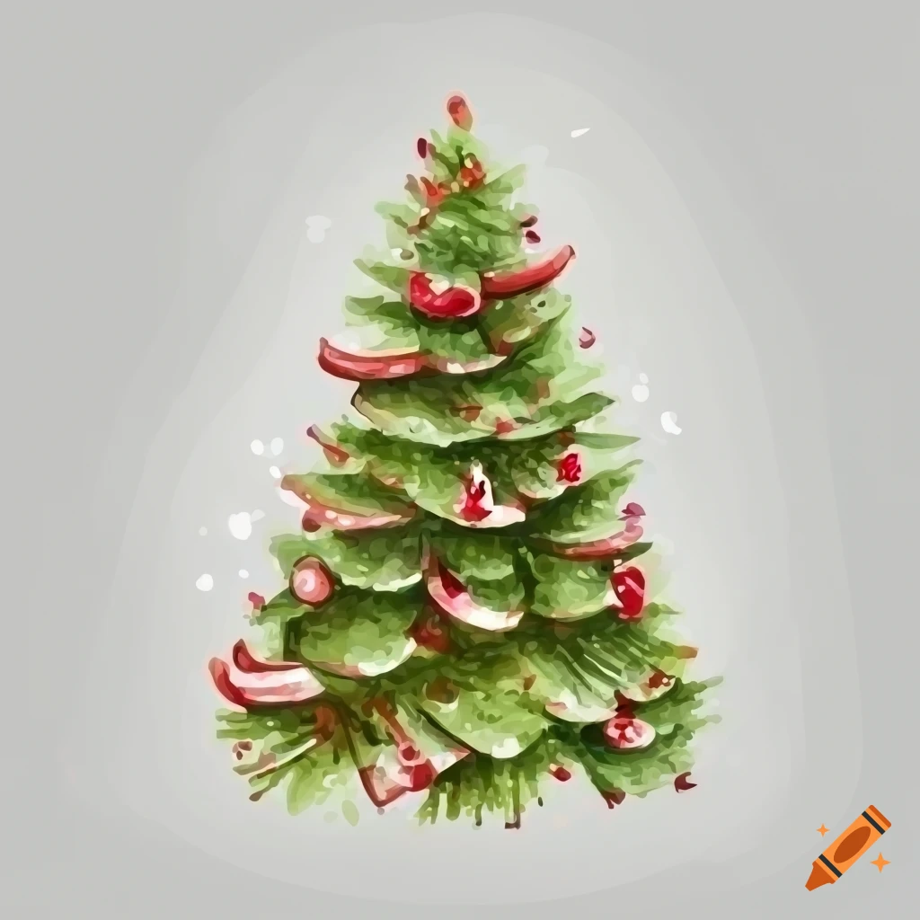 watercolor illustration of a Christmas tree with candy canes