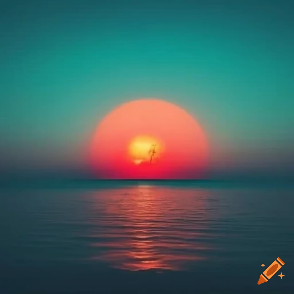 surreal image of a green sky and red sun over a mysterious sea