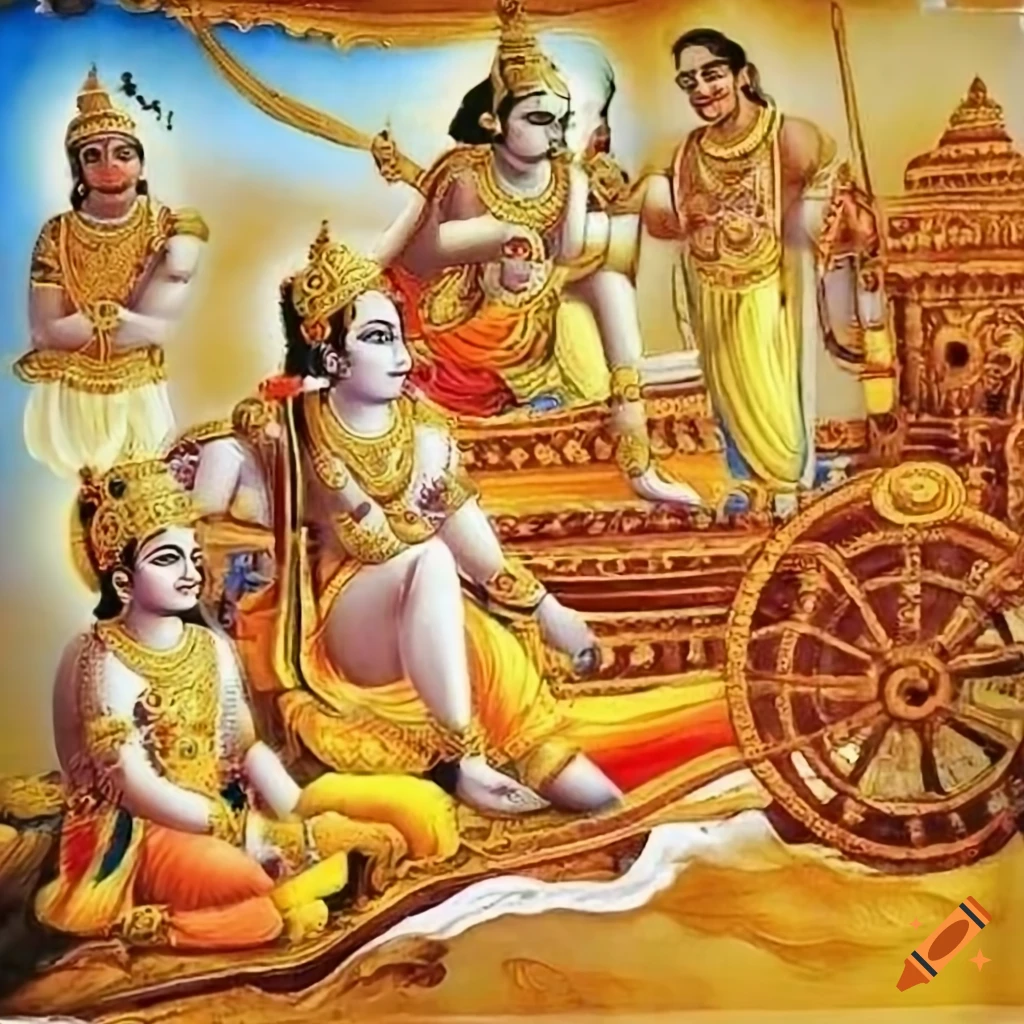 illustration of Krishna teaching Arjuna during the Mahabharata war