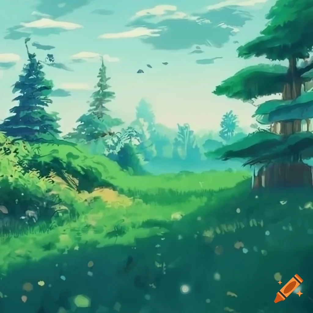 Ghibli-style field with trees