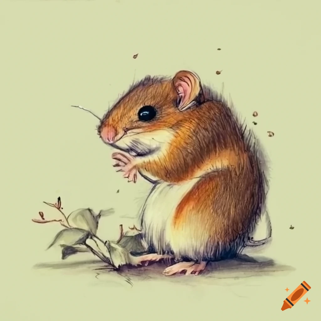 ghibli style illustration of a garden dormouse in an orchard