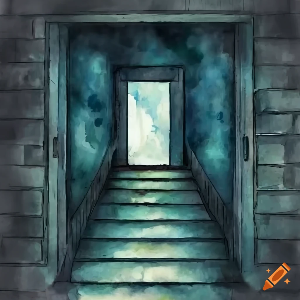 eerie basement with a figure at the top of the stairs