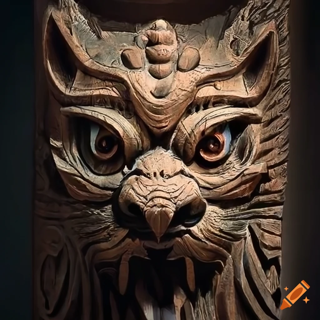 detailed moth werewolf carving in architectural style