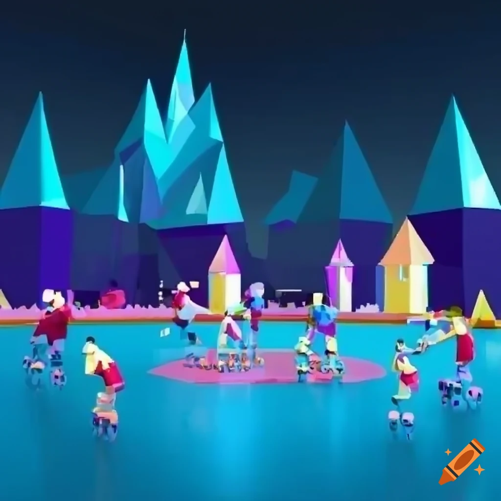 low poly scene of a birthday party at a roller rink