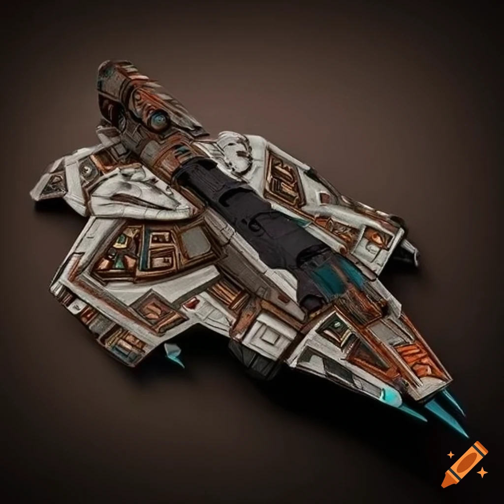 futuristic scifi hummingbird interceptor with ornamental Aztec design