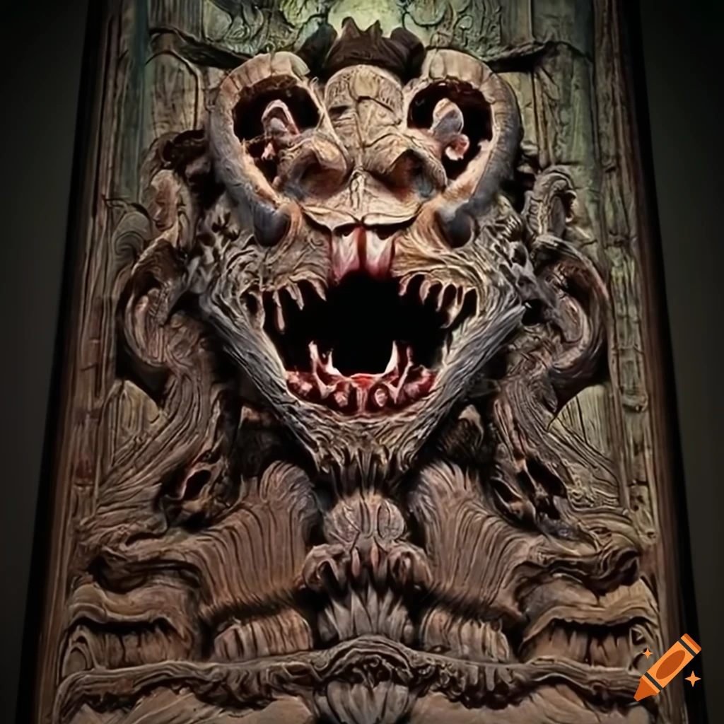 detailed moth werewolf carving in architectural style