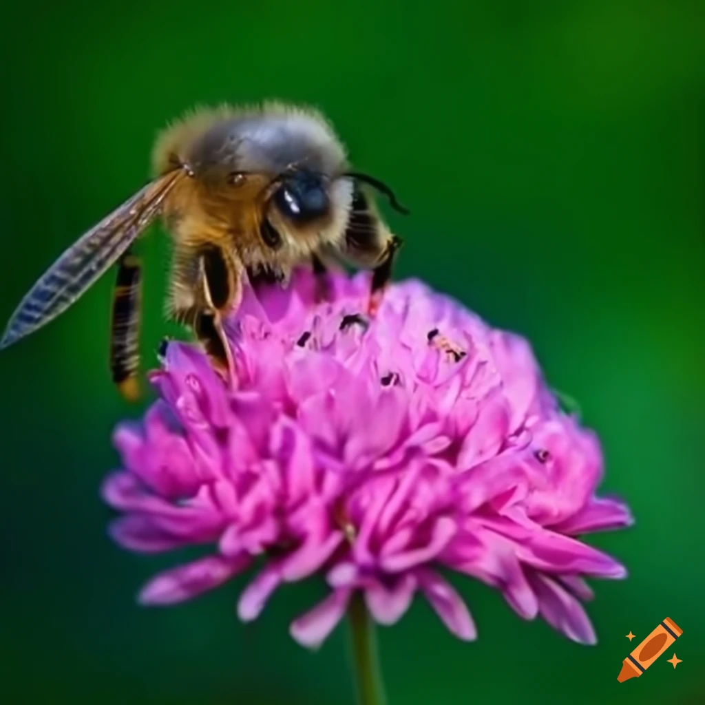 honeybee on a pink flower in a field of wildflowers