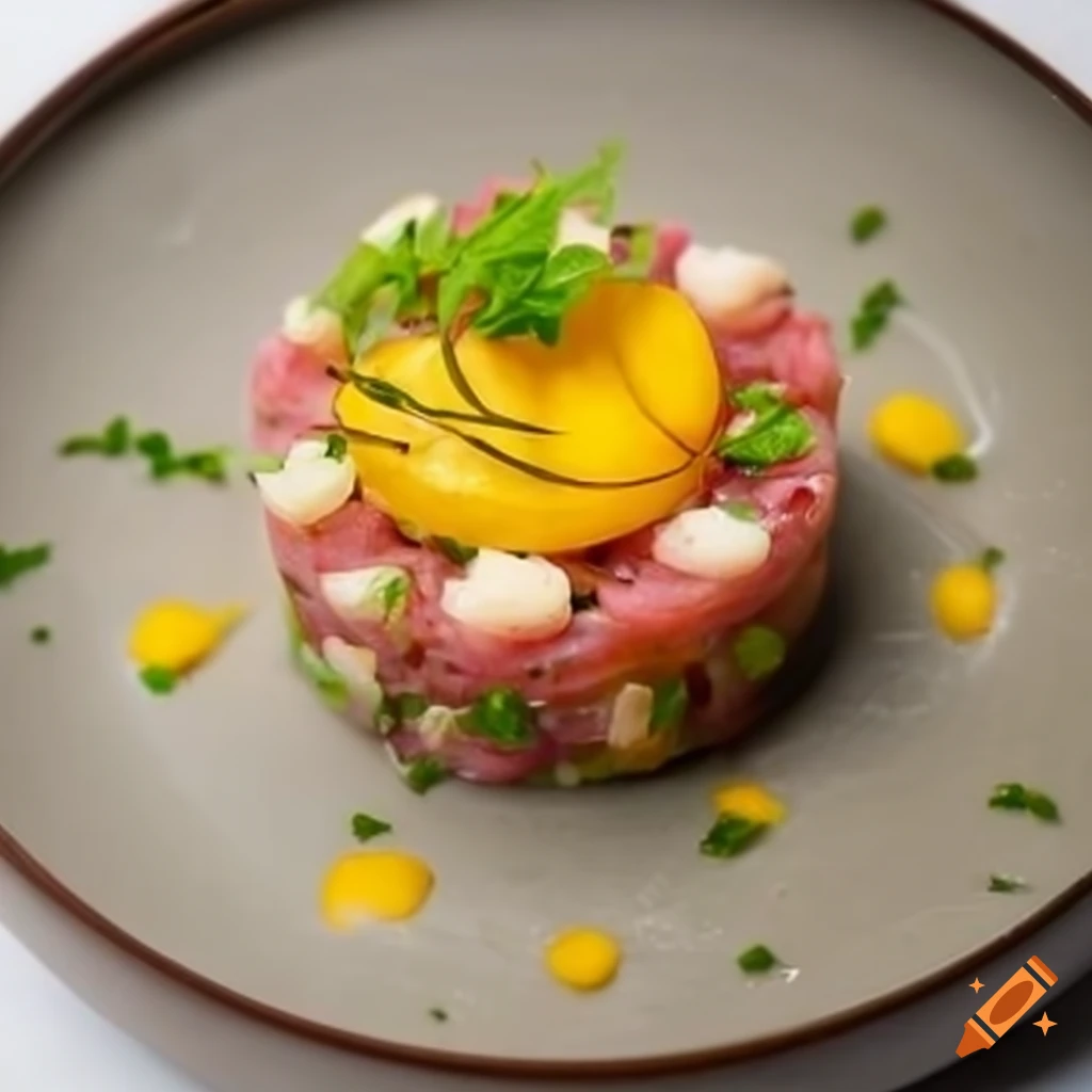 delicious scallop tartare with fresh herbs and mango jelly