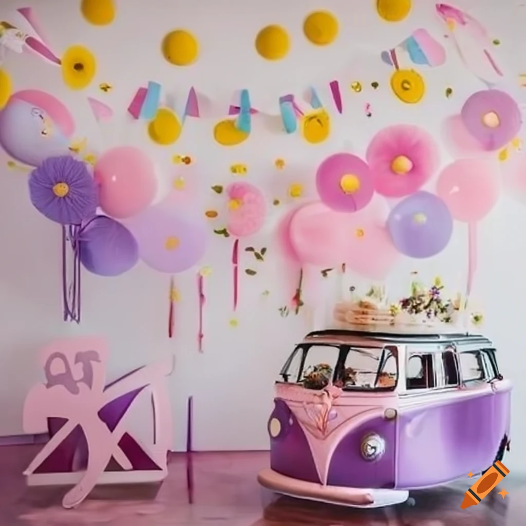 photo of a retro themed birthday party with pink and purple decor