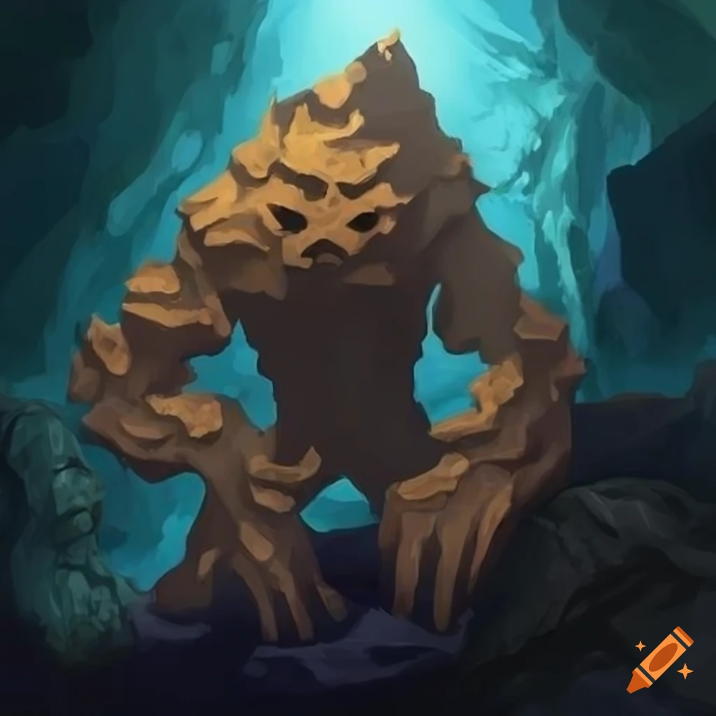fantasy art of a rock elemental in a cave