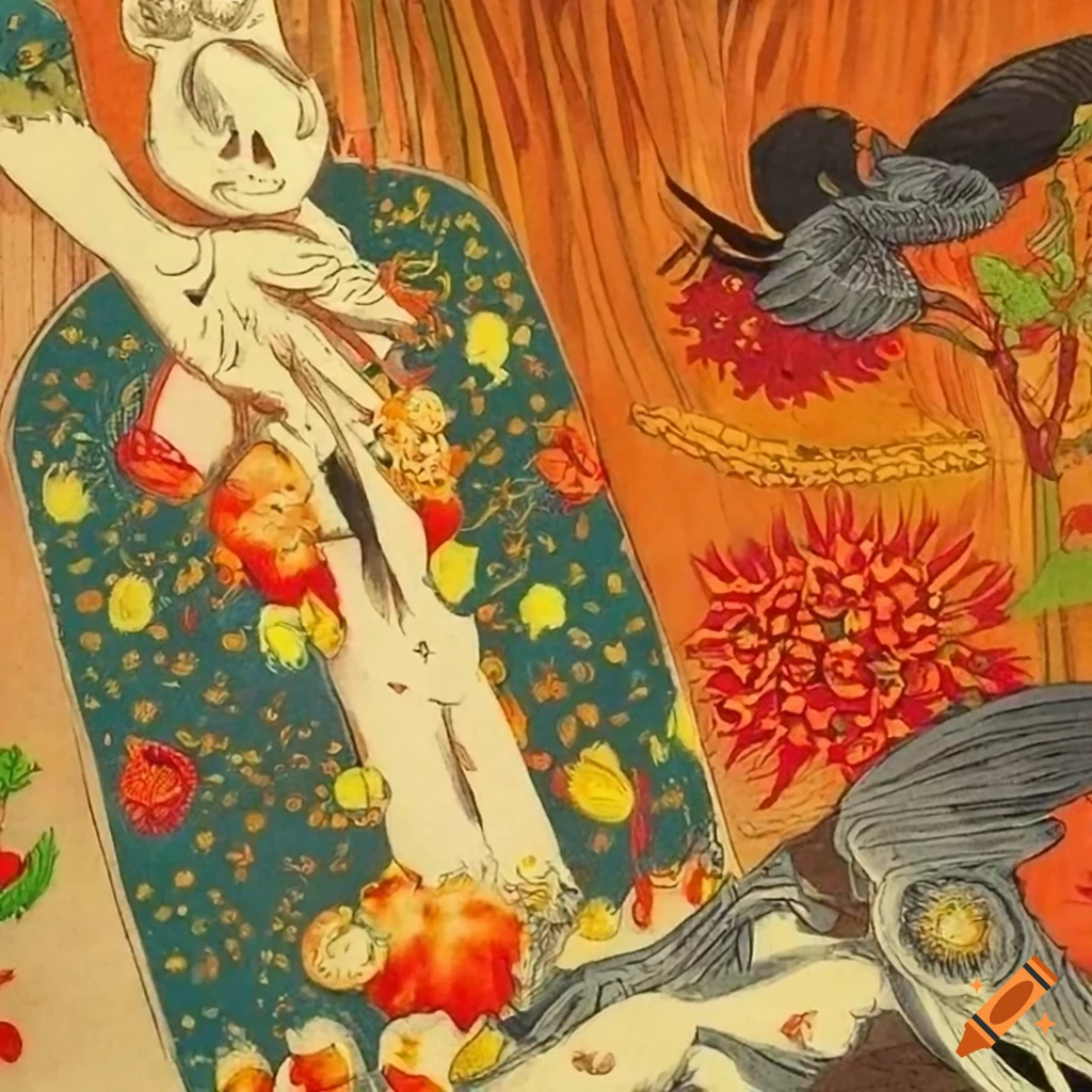 chromolithograph of a Santa Muerte tarot card with Catrina and ravens