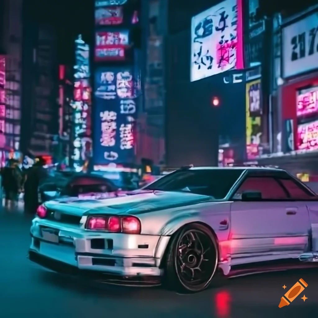 drifting Nissan Skyline R34 in Tokyo at night