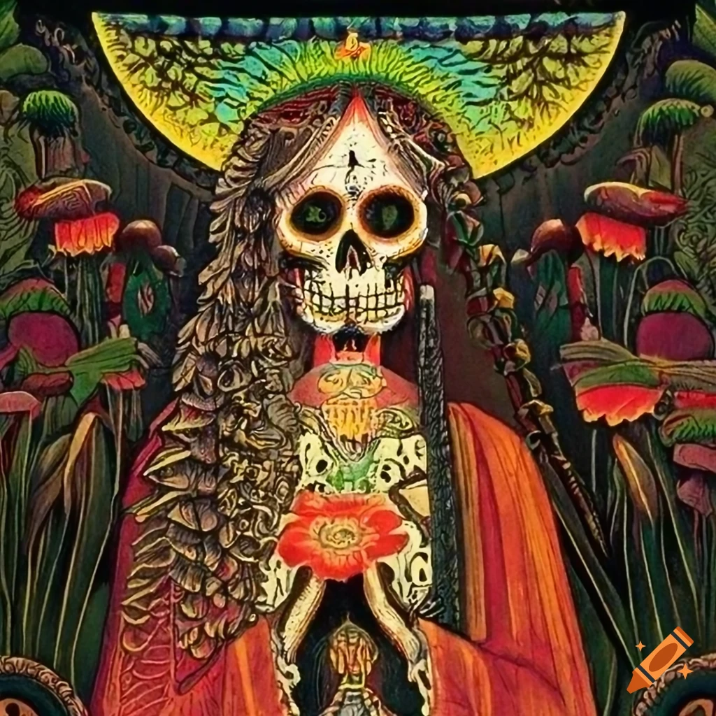 Flammarion Engraving Santa Muerte tarot card with Catrina and ravens