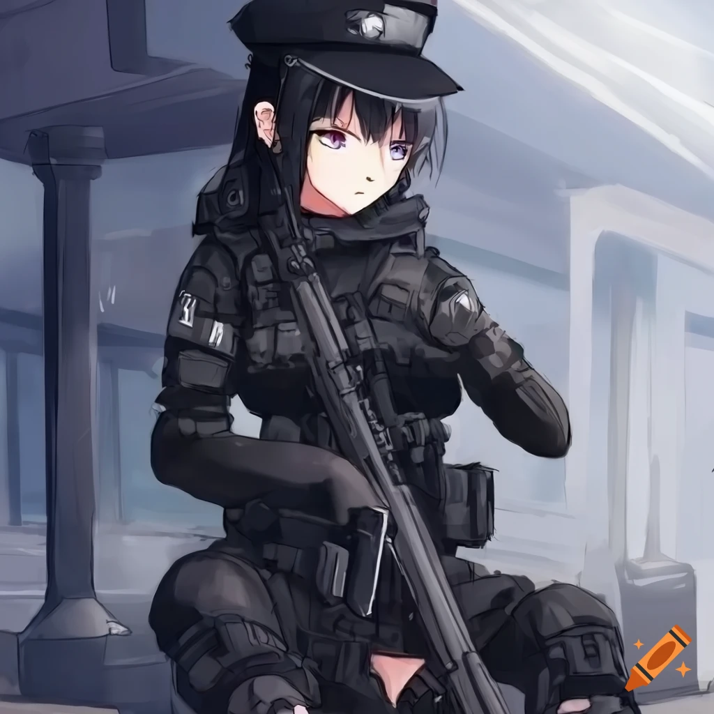 Image of an anime girl dressed as a swat on Craiyon