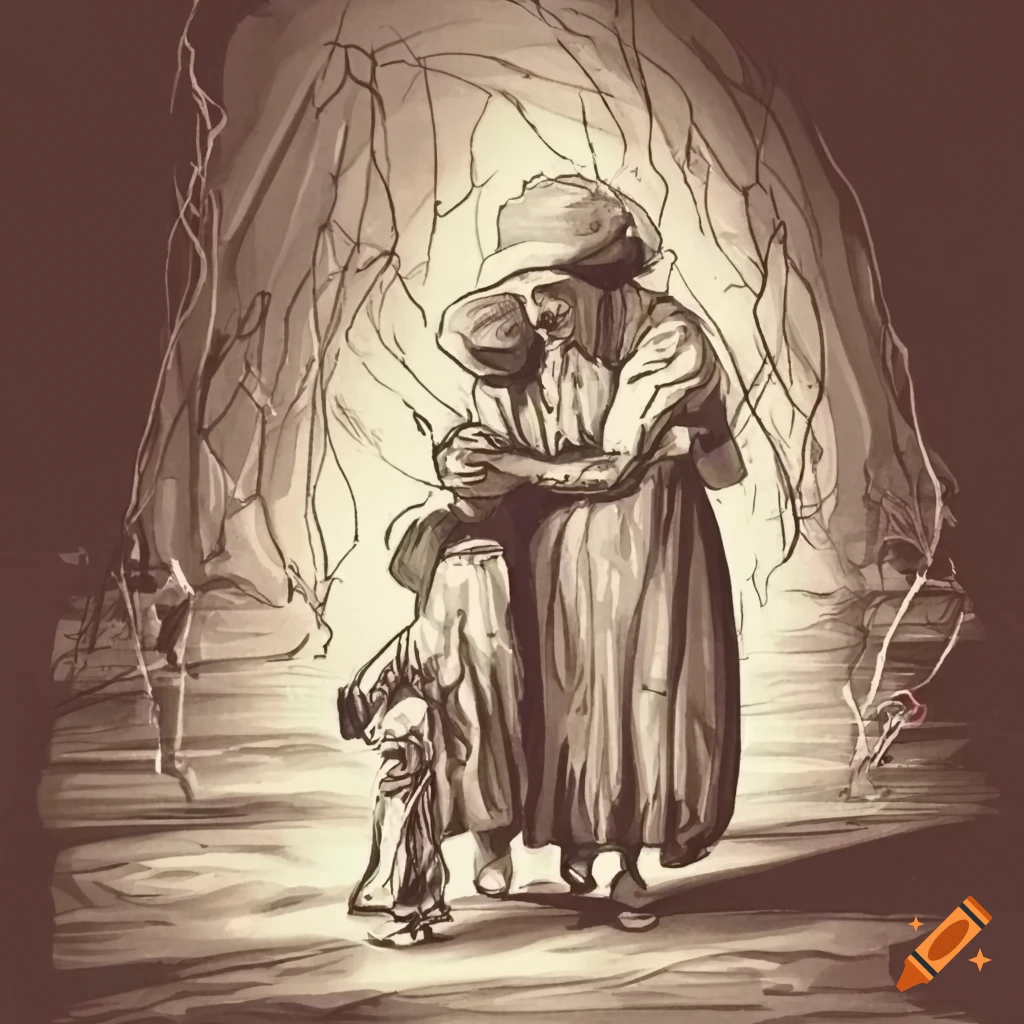 image of a sad peasant mother with two sons