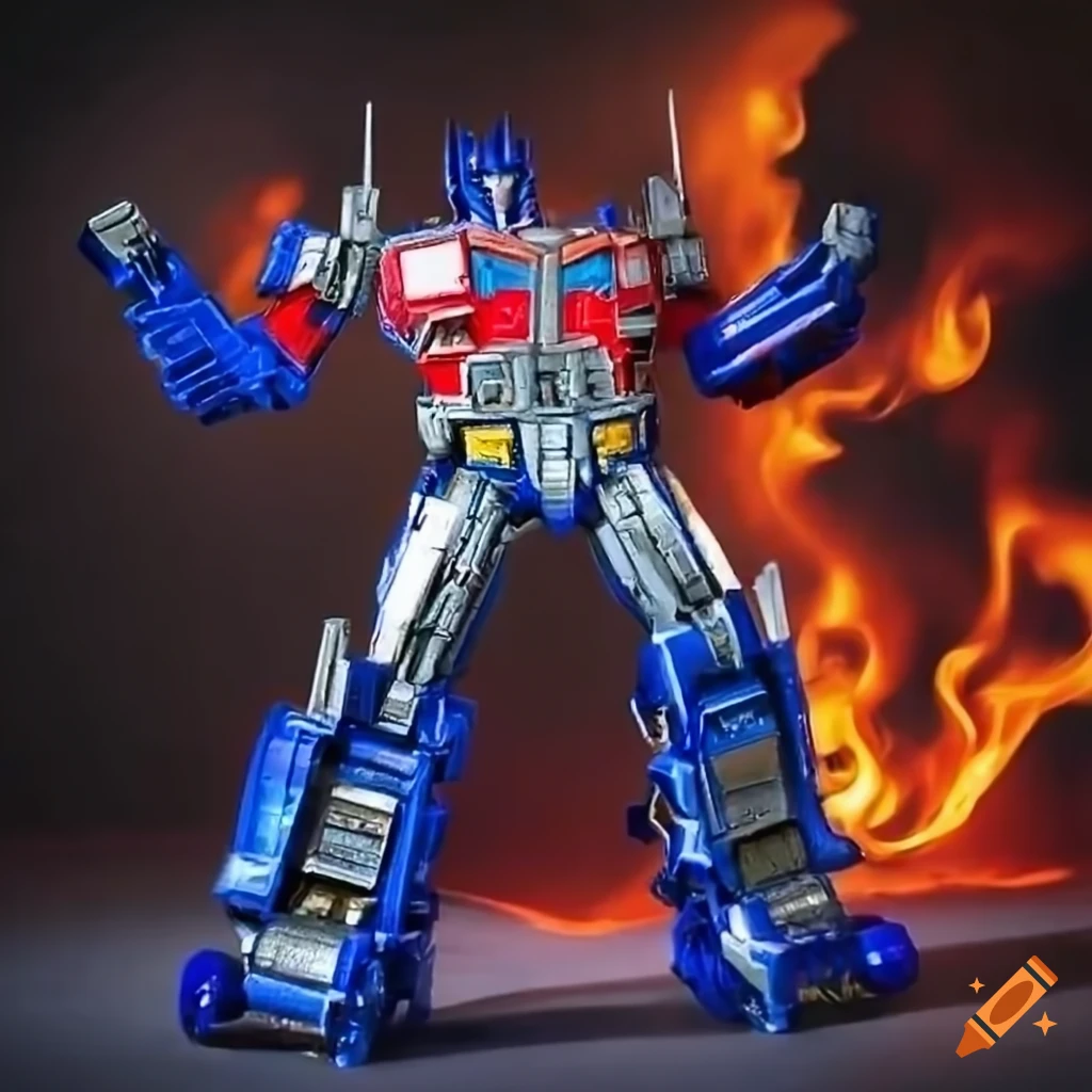 Toy photography of optimus prime blue truck with flames on Craiyon