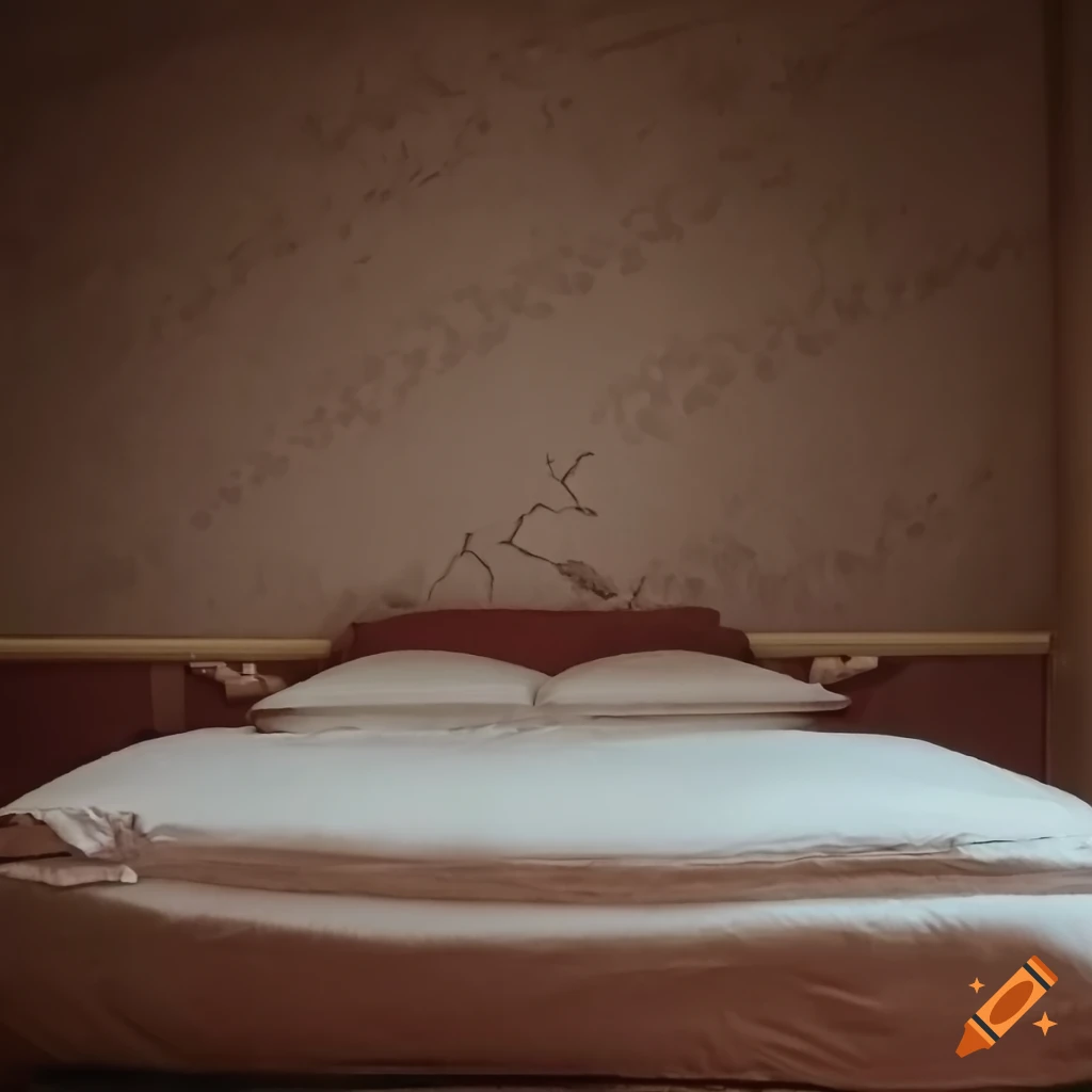 old 1980s hotel room with peeling wallpaper
