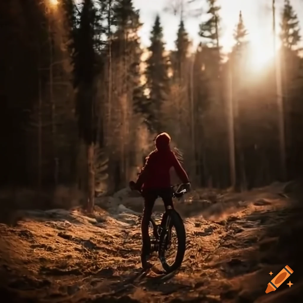 mountain biker encountering a reindeer in Finnish nature park