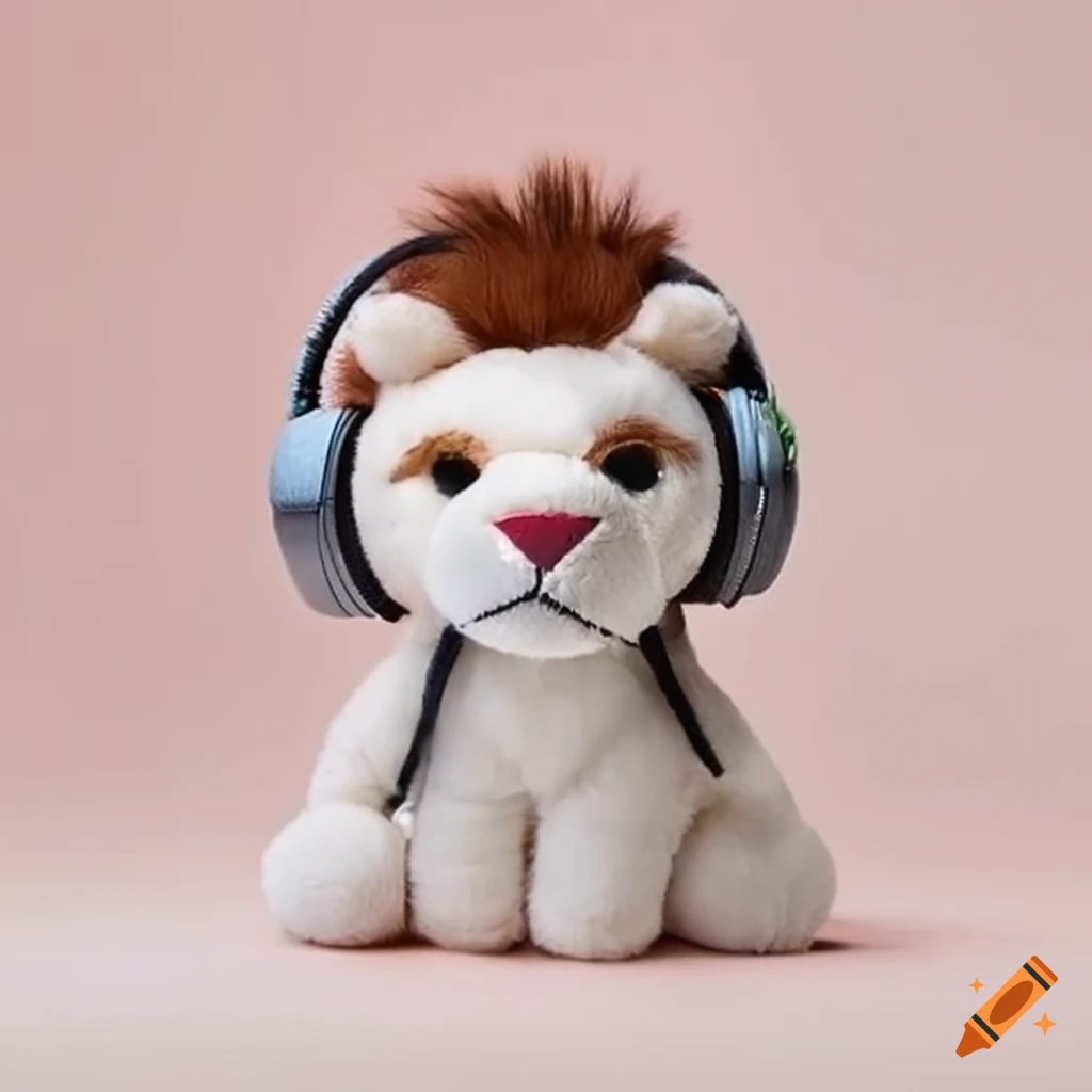 white lion plush toy with headphones