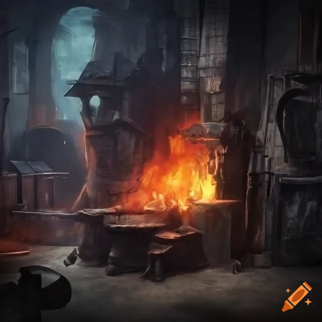 image of a blacksmith's work area with fire and swords being worked on
