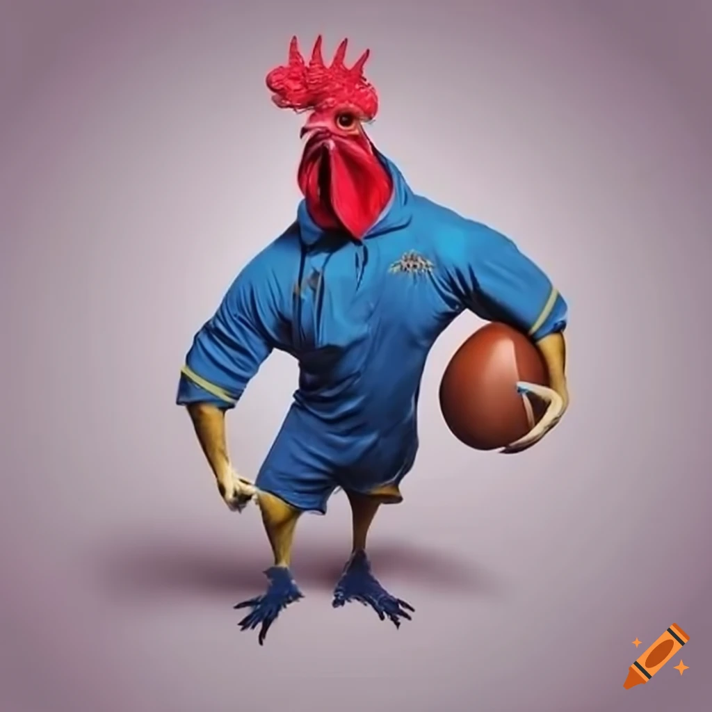 bodybuilder rooster with rugby ball
