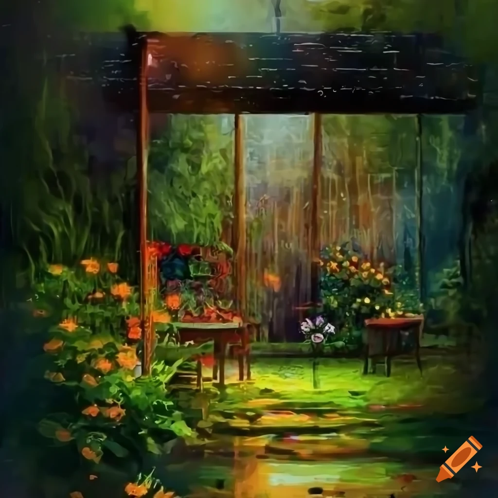 digital art of a rainy backyard garden