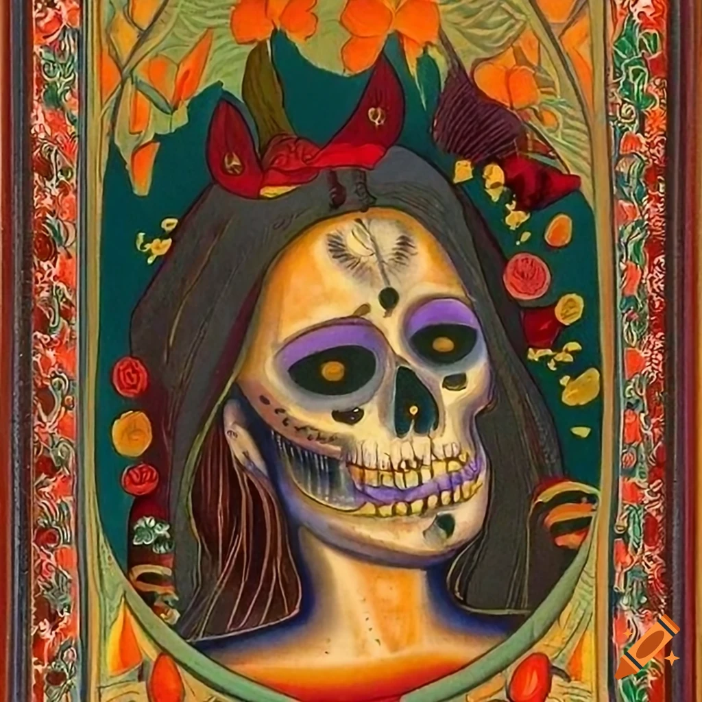 chromolithograph of a Santa Muerte tarot card with Catrina and ravens