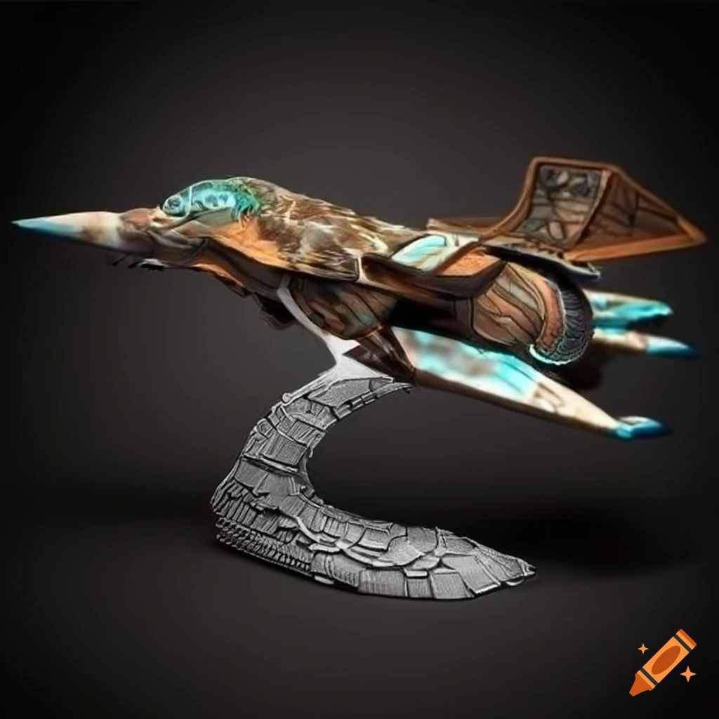 futuristic scifi hummingbird interceptor with ornamental Aztec design