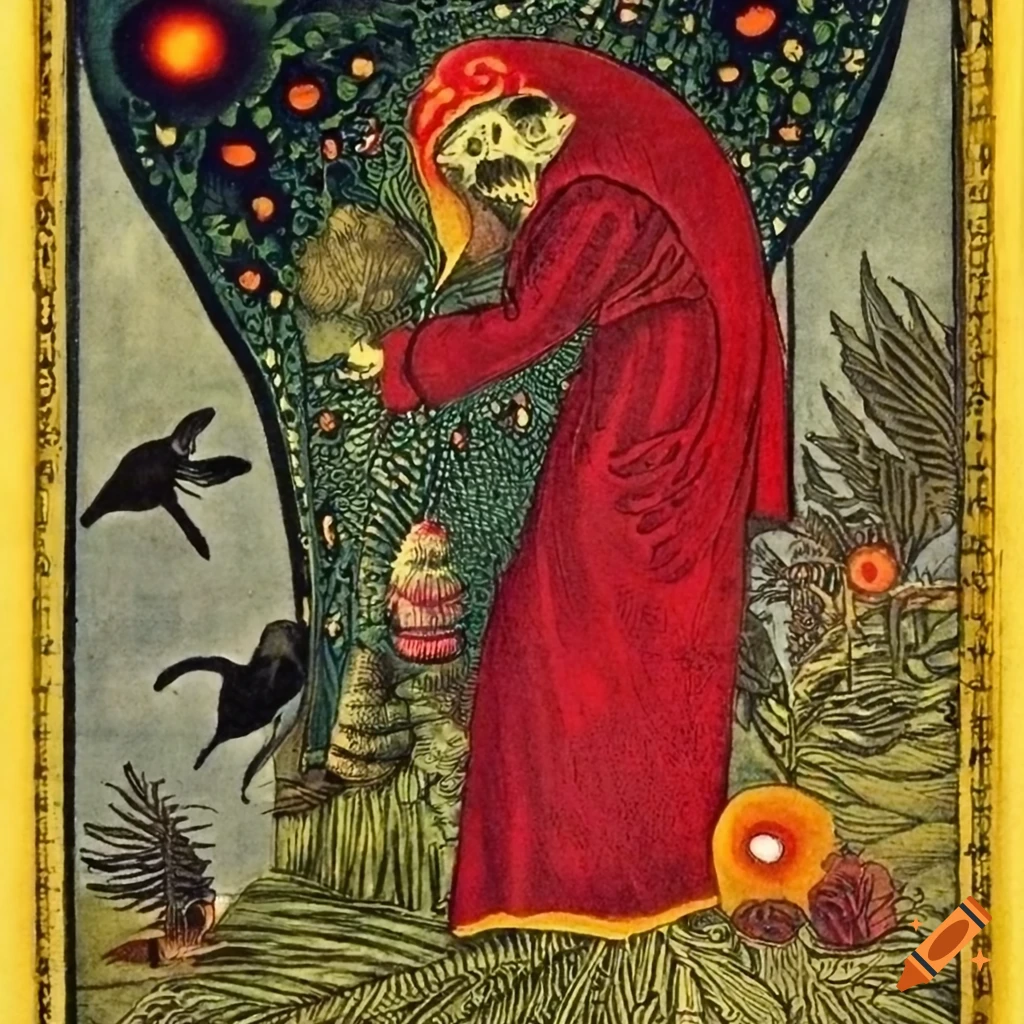 Flammarion Engraving Santa Muerte tarot card with Catrina and ravens