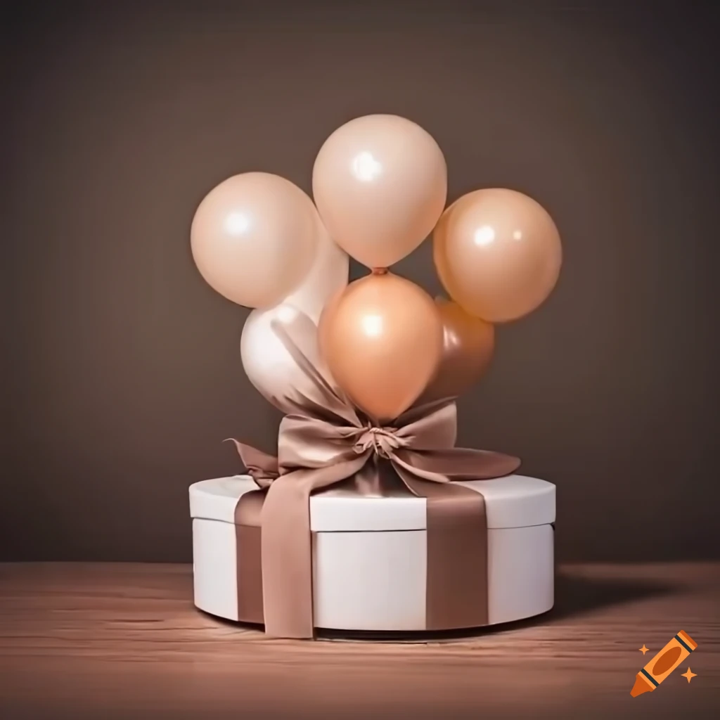 beige flower-filled bobo balloon on gift box with taupe bow tie