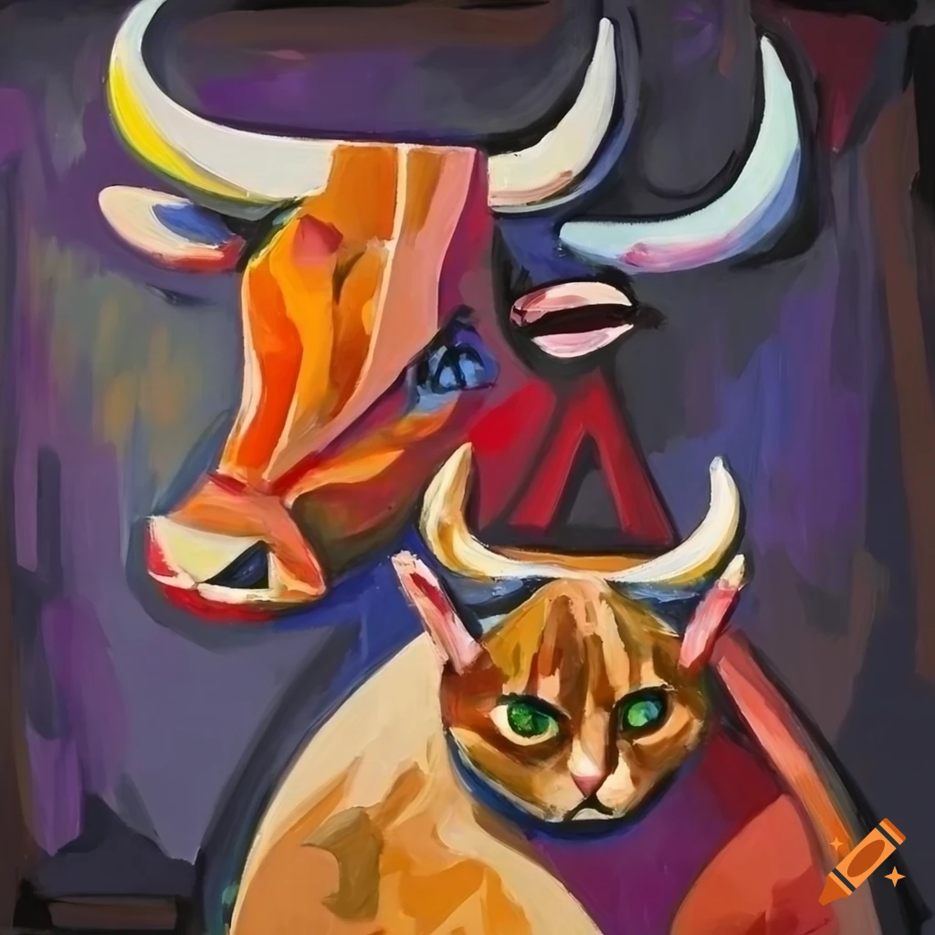 cubist painting of a bull and a cat