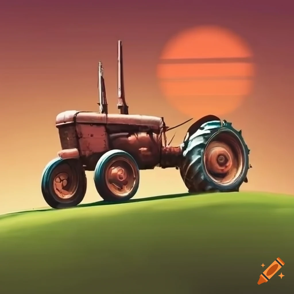 sunset silhouette of an old tractor on a hill