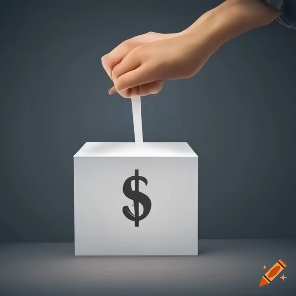 ballot box with a dollar sign and a hand putting in a ballot